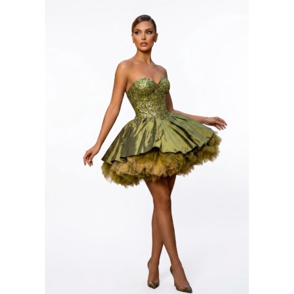 JOVANI Dress Green Sequin Corset Mini Size 6 Emerald Tulle Sparkle Prom Cocktail